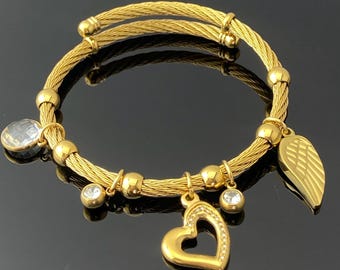 Gold Wire Charm Bracelet: Heart, Wing & Crystal Bangle