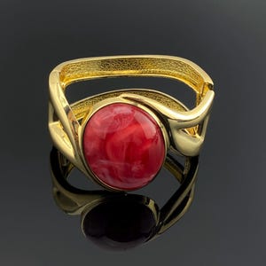 Gold Statement Cuff Bracelet with Swirled Red Stone, Chunky Hinged Bangle Bracelet,Modernist Marble Resin Cabochon,Bold Jewelry Gift for Her