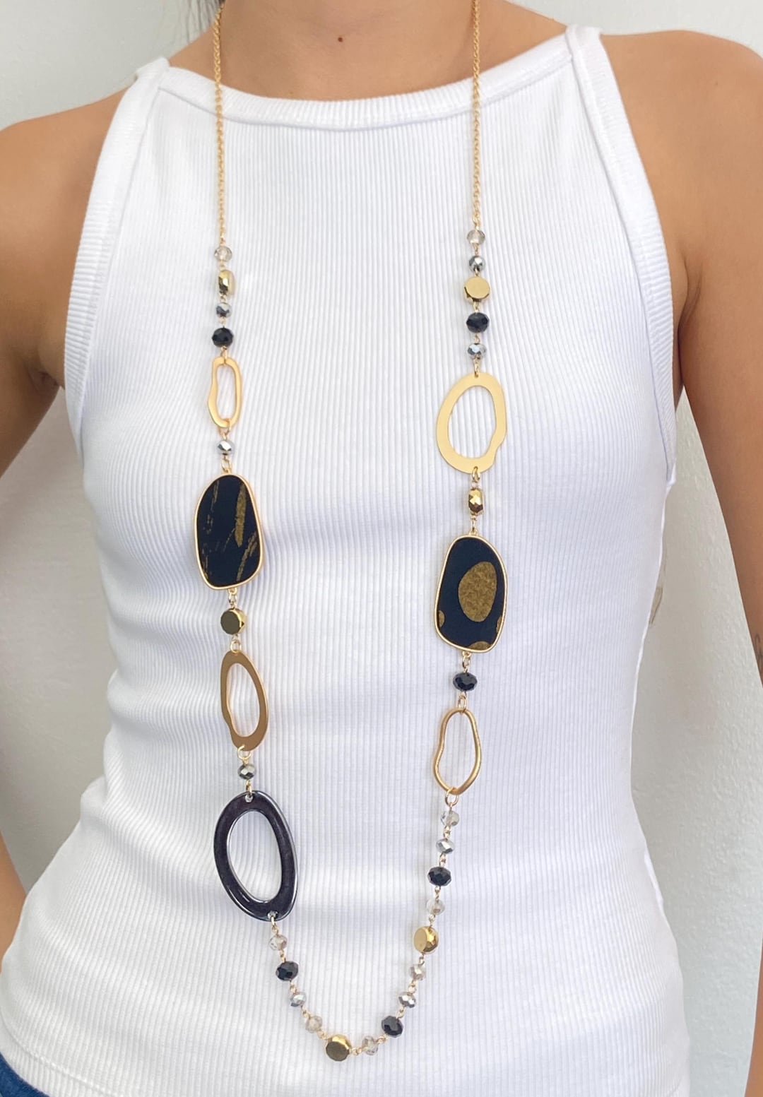 Long Gold & Black Statement Necklace, Modern Boho Layering Necklace ...