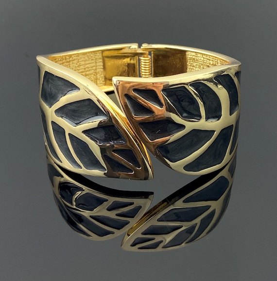 Black Enamel Leaf Cuff Bracelet, Bold Gold Statement Bangle