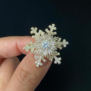 Gold Snowflake Brooch, Crystal Winter Pin, Sparkly Holiday Jewelry, Elegant Gift for Her, Christmas Lapel Pin, Statement Winter Brooch