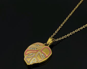 Gold Abstract Leaf Pendant Necklace, Pink Enamel Leaf Jewelry with Rhinestones, Dainty Leaf Necklace, Gift for Women, Elegant Pendant
