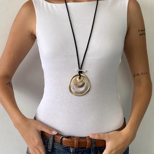 Long Pendant Necklace, Mixed Metal Circle Geometric Statement, Minimalist Gift for Her