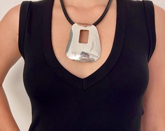 Modern Silver Pendant Necklace – Abstract Chunky Statement Jewelry on Black Cord for Women