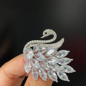 Crystal Swan Brooch – Silver-Tone Animal Pin with CZ Stones – Silver Statement Pin - Wedding Accessory