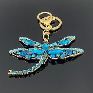 Blue Crystal Dragonfly Keychain: Rhinestone Insect Purse Charm