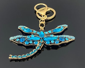 Sleutelhanger met blauwe kristallen libelle: strasstenen insectenportemonnee