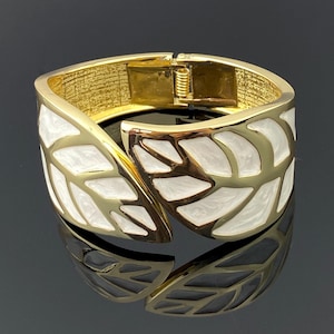 White Enamel Leaf Cuff Bracelet, Gold Statement Bangle, Modern Bold Jewelry for Women