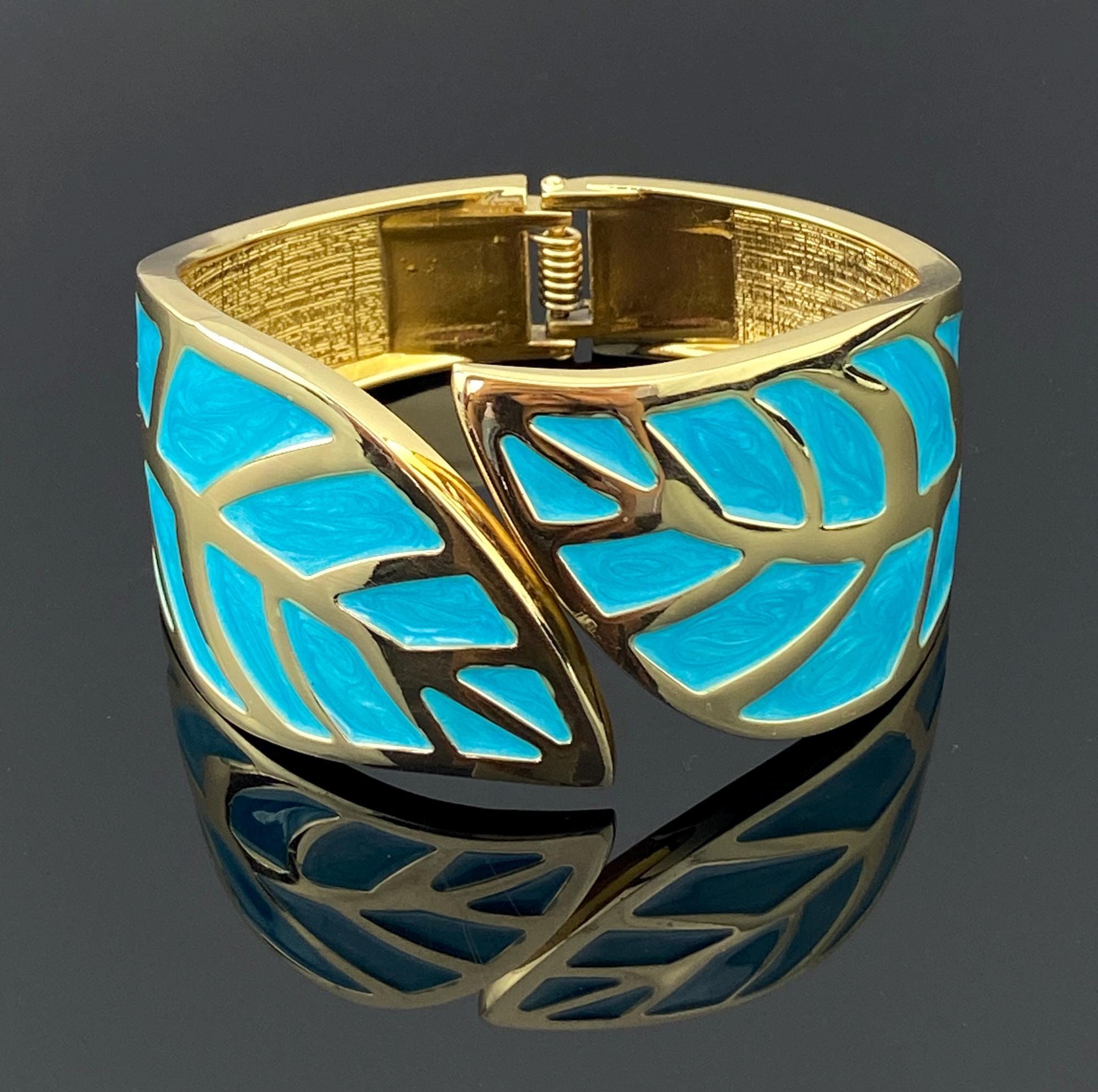 Blue Enamel Leaf Cuff Bracelet, Gold Bold Statement Bangle, Unique