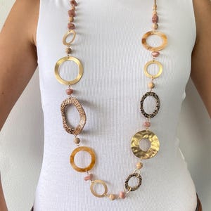 Boho Statement Necklace: Mixed Texture Gold Circle, Tortoiseshell Accents
