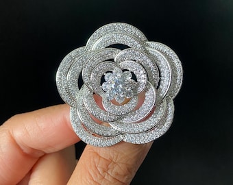 Crystal Flower Brooch: Silver Rose Pin, Elegant Wedding Jewelry