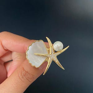 Ocean-Inspired Starfish & Shell Brooch |  Mother of Pearl Accent |  Bridal Brooch | Beach Accessories