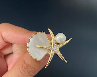 Ocean-Inspired Starfish & Shell Brooch |  Mother of Pearl Accent |  Bridal Brooch | Beach Accessories