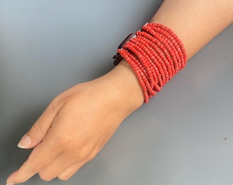 Red Seed Bead Cuff Bracelet: Boho Chic Multi-Strand Wood Clasp