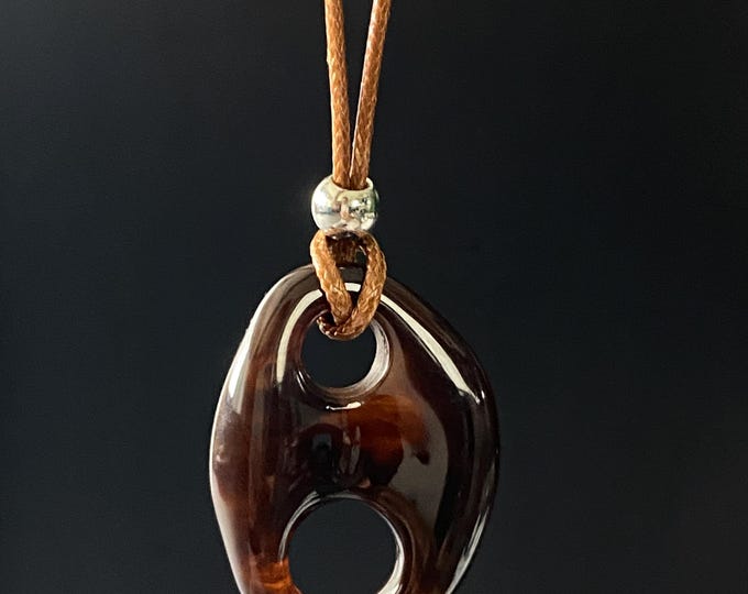 Sculptural Brown Resin Pendant Necklace – Earthy Modern Art Jewelry on Brown Cord