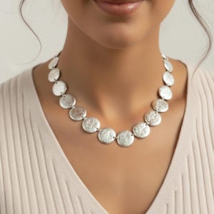Silver Disc Statement Necklace, Brushed Textured Bib Necklace, Modern Chunky Jewelry Gift for Her