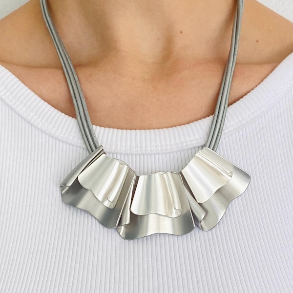 Silver Sculptural Statement Necklace, Modern Bib Collar Necklace on Gray Cord