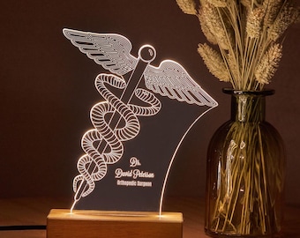 Lampe LED caducée personnalisée : plaque signalétique personnalisée de la clinique, cadeau du médecin