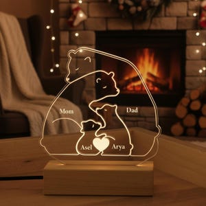 Kramande björntema LED-lampa, Anpassad nattlampa med efternamn, Personlig minimalistisk linjekonst, Mysig barnrumsdekor, Presenter till mamma pappa henne