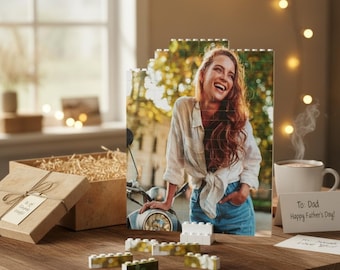 Personalisierte Foto Baustein Puzzle Geschenk mit Herz oder Rechteck | Individuelles Bild aus Bausteinen für Paare, Kinder & Familien