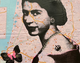 The Queen Elizabeth 2  | Unique Art  | Screen print | Vintage Map | Queen Print | Royalty Art | Unique Wall Art | Diamond Dust |