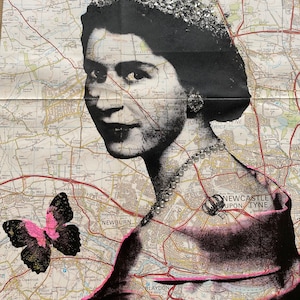 The Queen Elizabeth 2  | Unique Art  | Screen print | Vintage Map | Queen Print | Royalty Art | Unique Wall Art | Diamond Dust |