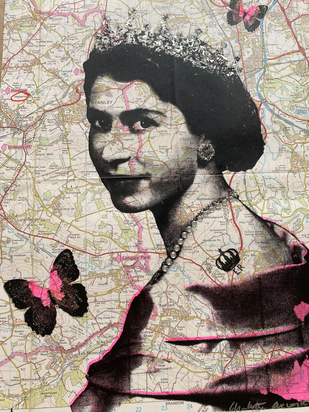 The Queen Elizabeth 2 Unique Art Screen Print Vintage Map Queen Print