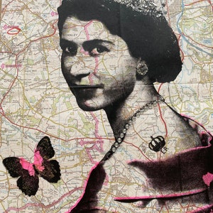 The Queen Elizabeth 2  | Unique Art  | Screen print | Vintage Map | Queen Print | Royalty Art | Unique Wall Art | Diamond Dust |
