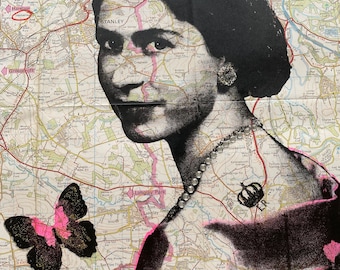 The Queen Elizabeth 2  | Unique Art  | Screen print | Vintage Map | Queen Print | Royalty Art | Unique Wall Art | Diamond Dust |