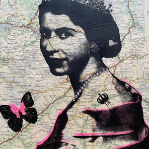 The Queen Screenprint  | Unique Art  | Original Art | Vintage Map | Queen Print | Royalty Art | Unique Wall Art | Diamond Dust |
