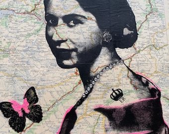 The Queen Screenprint  | Unique Art  | Original Art | Vintage Map | Queen Print | Royalty Art | Unique Wall Art | Diamond Dust |