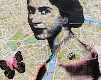 The Queen Elizabeth 2  | Unique Art  | Screen print | Vintage Map | Queen Print | Royalty Art | Unique Wall Art | Diamond Dust |