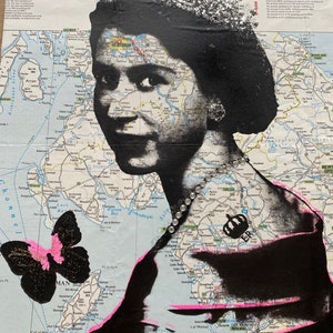 The Queen Elizabeth 2  | Unique Art  | Screen print | Vintage Map | Queen Print | Royalty Art | Unique Wall Art | Diamond Dust |