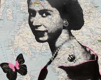 The Queen Elizabeth 2  | Unique Art  | Screen print | Vintage Map | Queen Print | Royalty Art | Unique Wall Art | Diamond Dust |