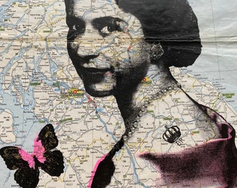 The Queen Elizabeth 2  | Unique Art  | Screen print | Vintage Map | Queen Print | Royalty Art | Unique Wall Art | Diamond Dust |