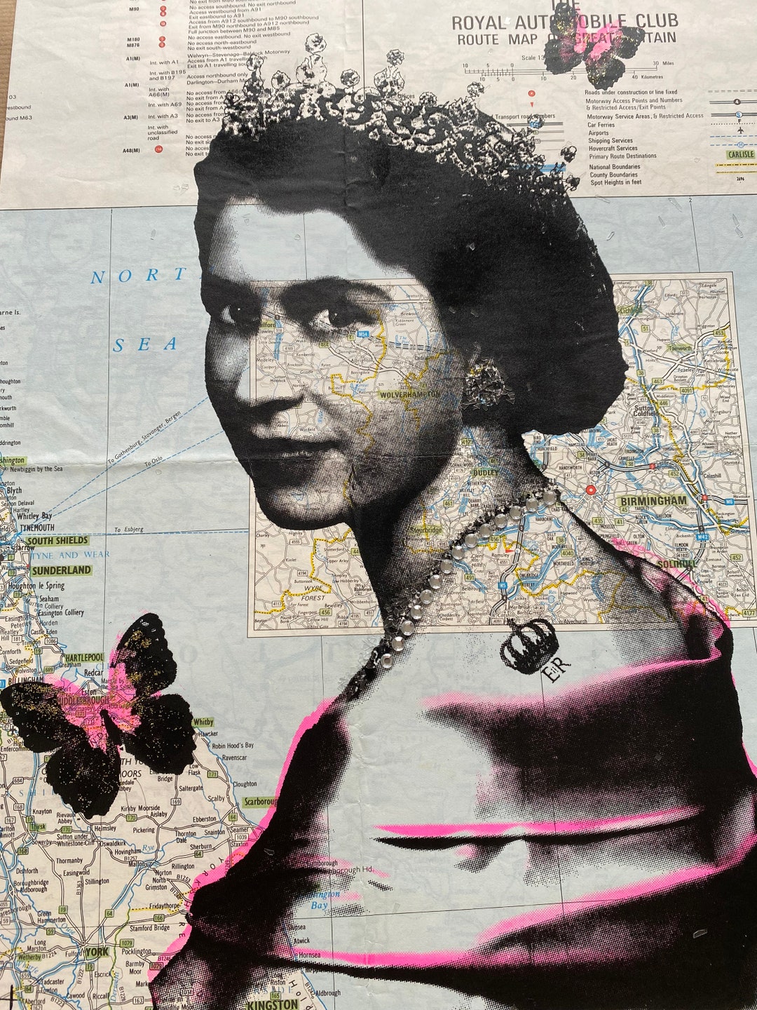 The Queen Elizabeth 2 Unique Art Screen Print Vintage Map Queen Print