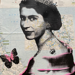 The Queen Elizabeth 2  | Unique Art  | Screen print | Vintage Map | Queen Print | Royalty Art | Unique Wall Art | Diamond Dust |