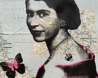 The Queen Elizabeth 2  | Unique Art  | Screen print | Vintage Map | Queen Print | Royalty Art | Unique Wall Art | Diamond Dust |