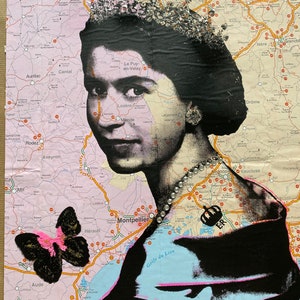 The Queen Elizabeth 2  | Unique Art  | Screen print | Vintage Map | Queen Print | Royalty Art | Unique Wall Art | Diamond Dust |