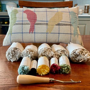 May include: A white canvas pillow with a colorful bird design. The pillow is surrounded by balls of yarn in various colors, including white, yellow, red, and blue. A wooden needle tool is also included.