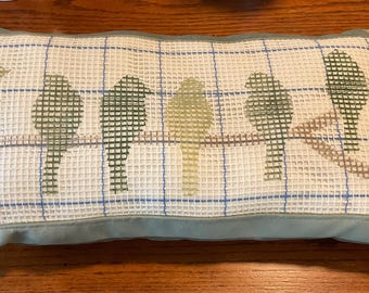 Green Birds on a Limb Latch Hook Pillow Kit with a Sage Green Background