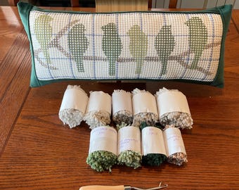 Green Birds on a Limb Pillow Latch Hook Kit with Hunter Green Background