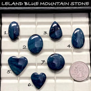 May include: A collection of Leland Blue Mountain Stones in various shapes, including ovals, teardrops, hearts, and a circle. The stones are a deep blue with white inclusions, displayed in a divided tray. A US quarter is included for size reference.