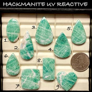May include: A collection of nine green and white Hackmanite UV reactive gemstones in various shapes, including oval, teardrop, and heart. A US quarter is included for size reference. The gemstones are displayed in a grid.