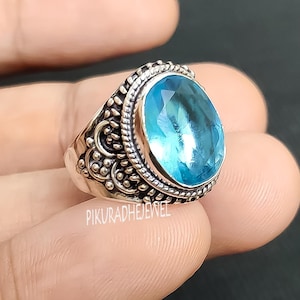 Anello in argento sterling con topazio blu ovale: anello unisex con pietre preziose fatto a mano