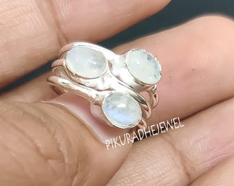 Natural Moonstone Ring: Sterling Silver Three Stone Design