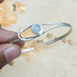 Natural Moonstone Sterling Silver Cuff Bangle - Rainbow Stone Adjustable Bracelet - Birthstone Jewelry- Everyday