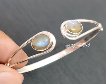 Bracelet Manchette Argent 925 Avec Labradorite Bleu Feu - Fait Main En Inde - Neuf