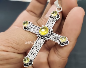 Citrien gele stenen kruishanger - Sterlingzilveren heilige kruisketting - Religieuze sieraden