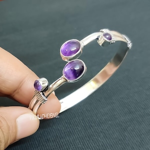 Purple Amethyst Bangle Cuff/ Amethyst Gemstone Bracelet/ Multi Gemstone Bangle/ 925 Silver Cuff/ Open Adjustable/ Women Bangle/ Birthstone